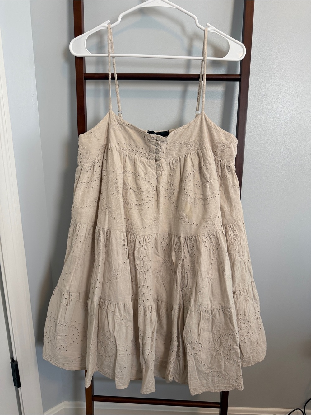 Lulu's Beige Eyelet Tiered Spaghetti-Strap Dress